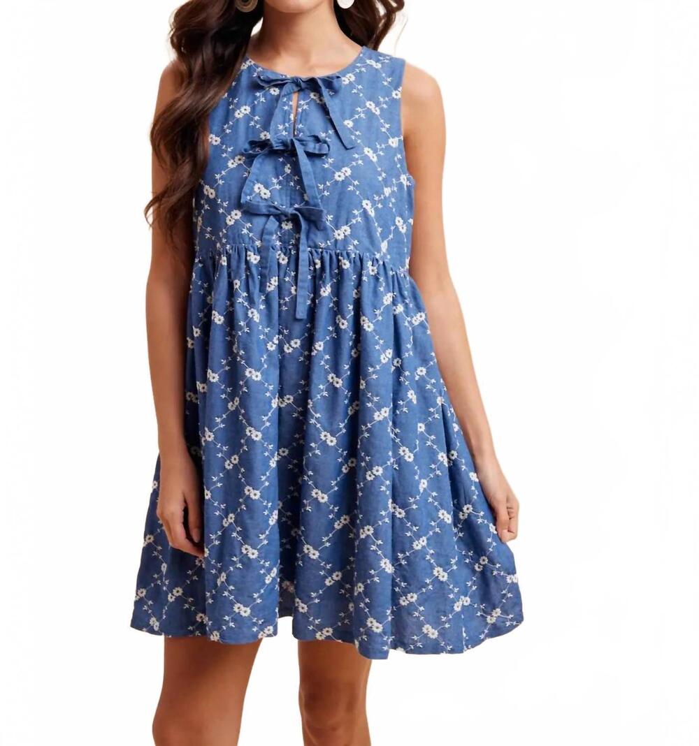 NEW IN-LOOM eleanor chambray embroidered bow mini dress in blue